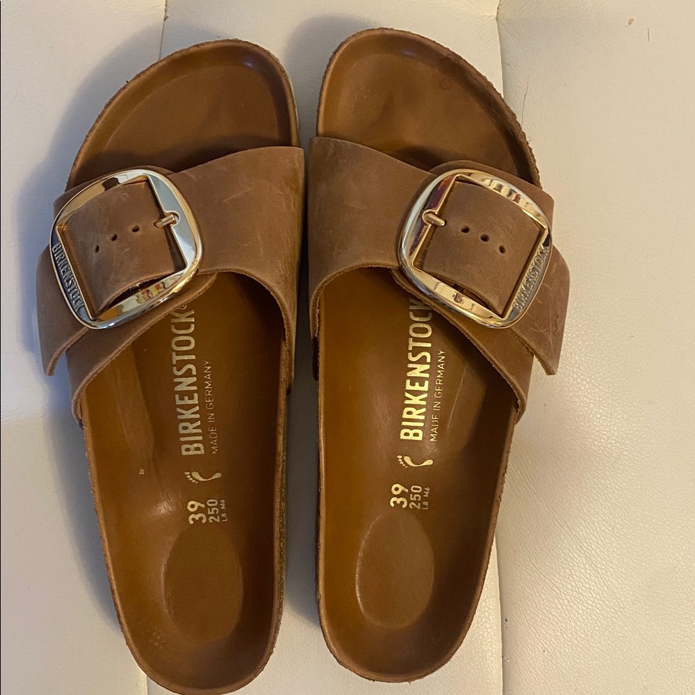Birkenstock Tan Slides with Gold Buckle